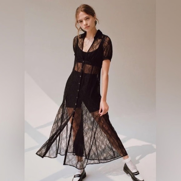 Dresses & Skirts - Urban Outfitters Connie Sheer Lace Dress with silver metal buttons